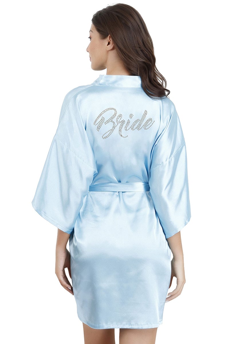 EPLAZA Women's One Size Silver Rhinestones Bride Bridesmaid Short Satin Robes for Wedding Party Getting Ready (Acid Blue, Bride) - Image 2